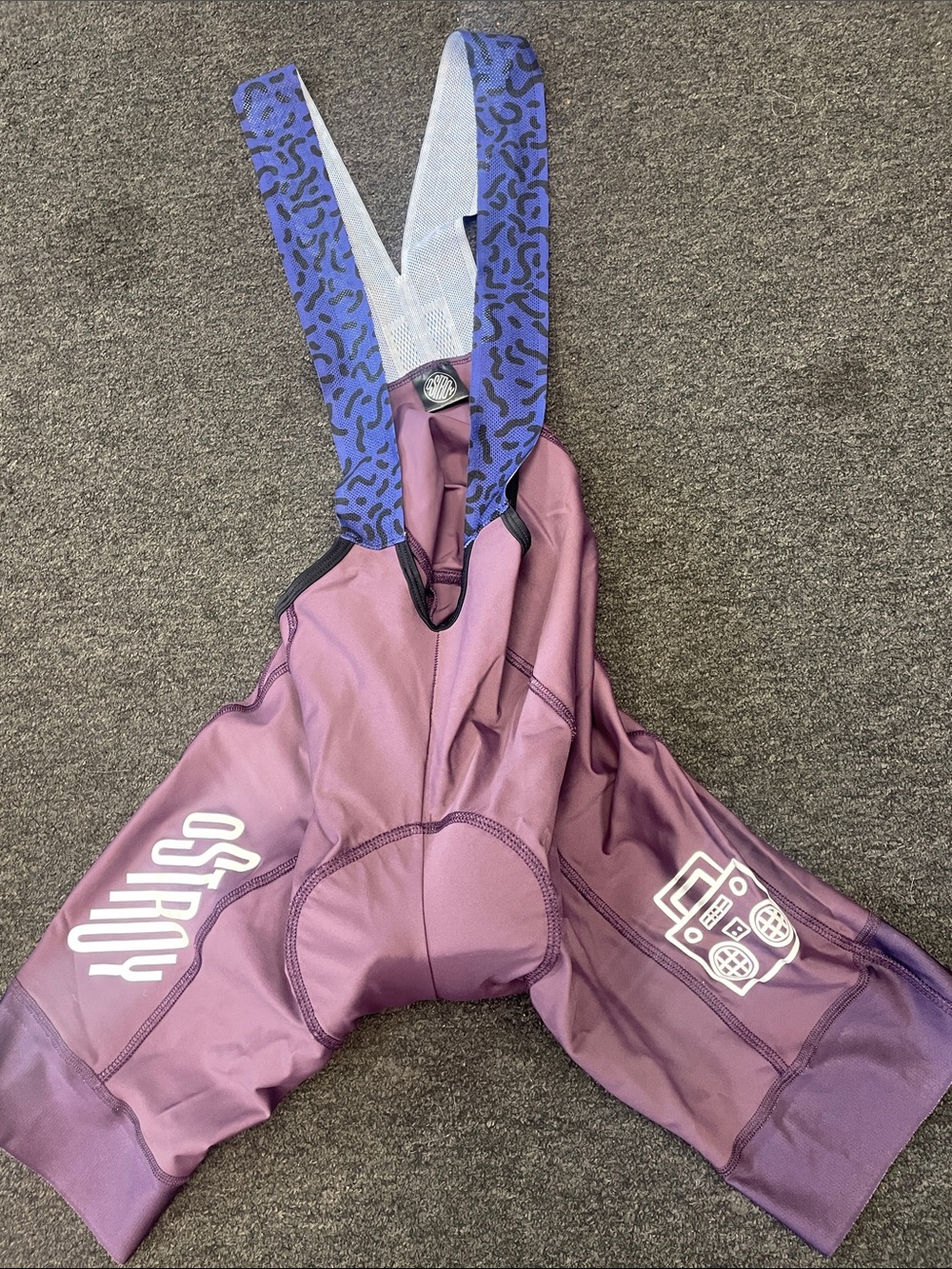 Ostroy YO Purple Cycling Bib Shorts with Patterned Blue Straps